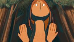 Animated still of a strange creature in a forest holding its hands aloft