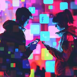 Two figures stare at phones haloed by fluro light emanating from screens in the background