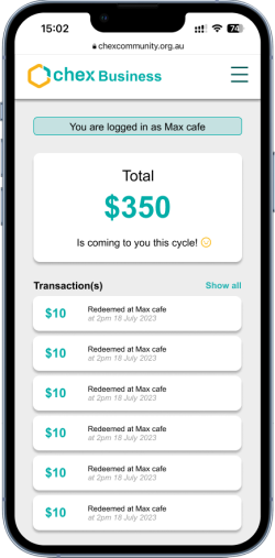 iPhone displaying total amount that has been spent at the Max cafe in Ultimo, Sydney via the Chex Business portal.