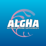 Algha logo, white text over blue background 