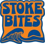Stoke Bites Logo, dark blue writing over orange background